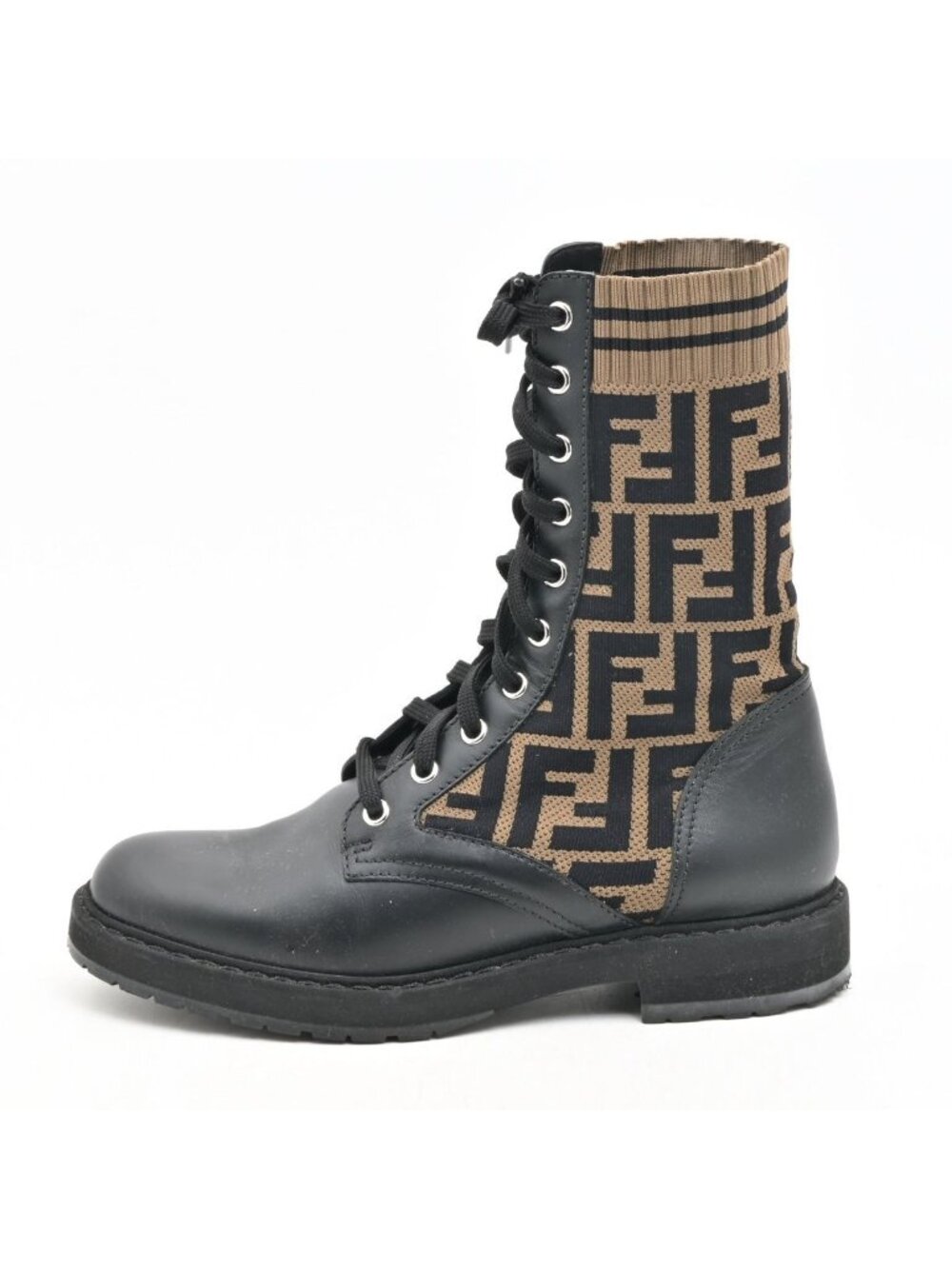 Fendi Boots Black Beige Zucca Pattern Leather